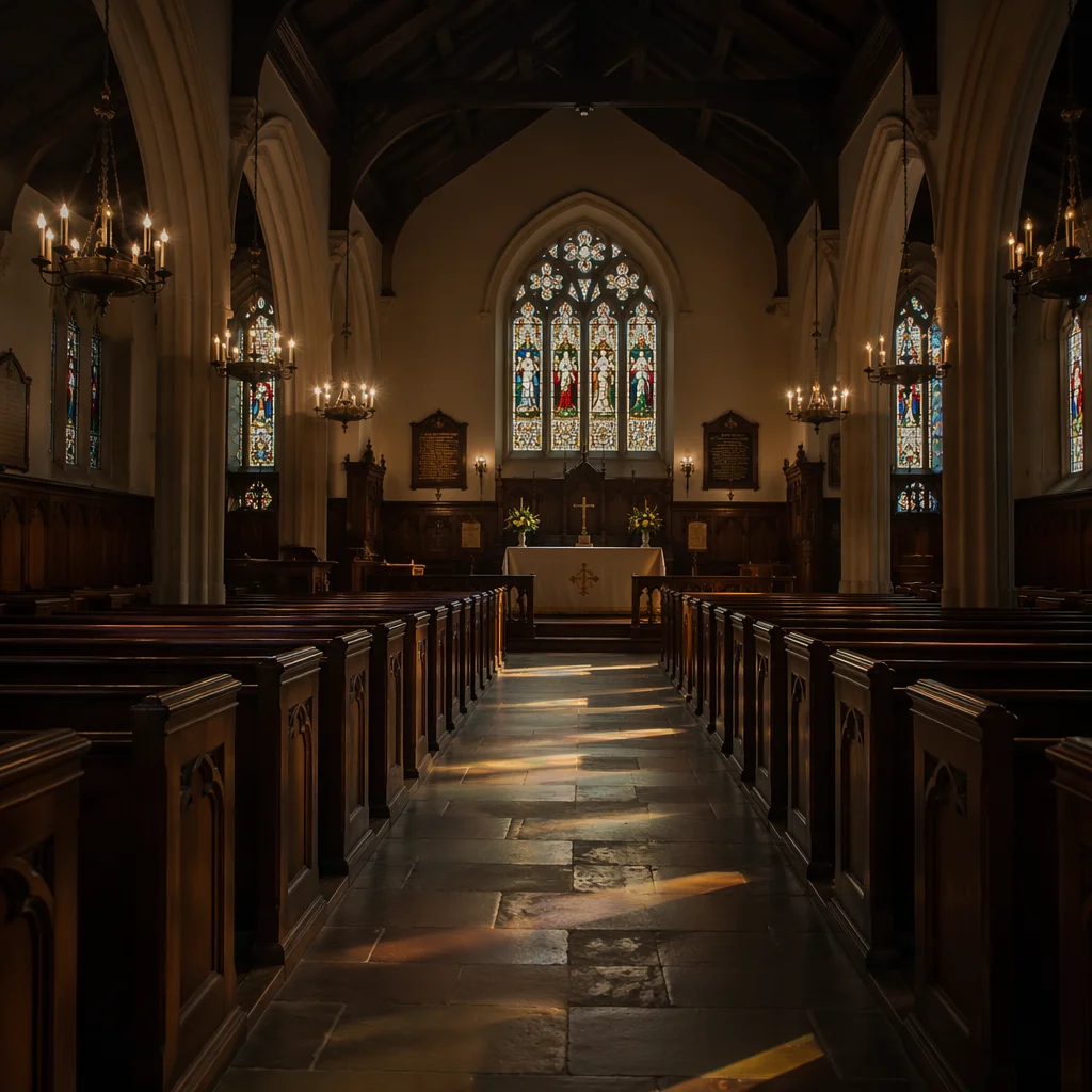 Sunlit Historic Church Pews and Stained Glass