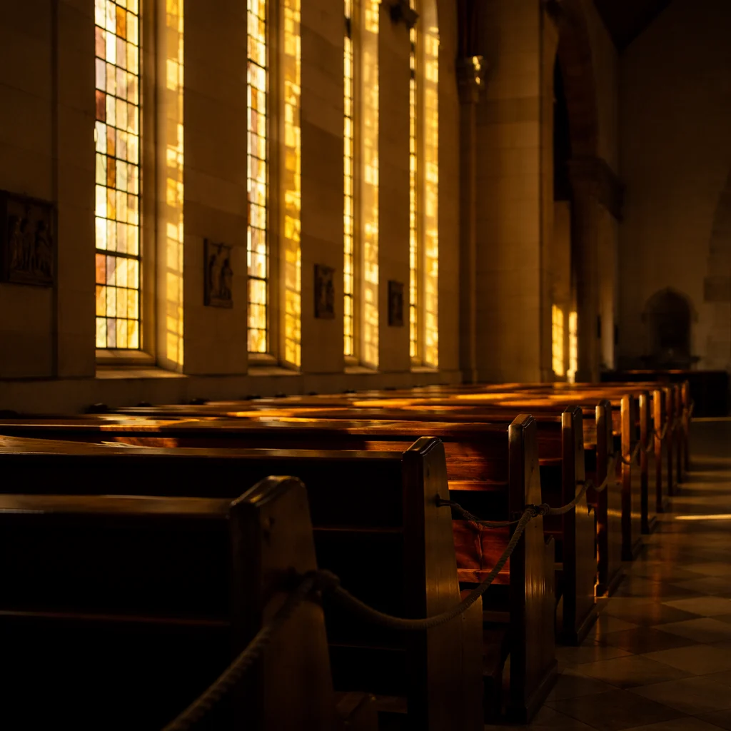 Sunlit Church Pews with Stained Glass