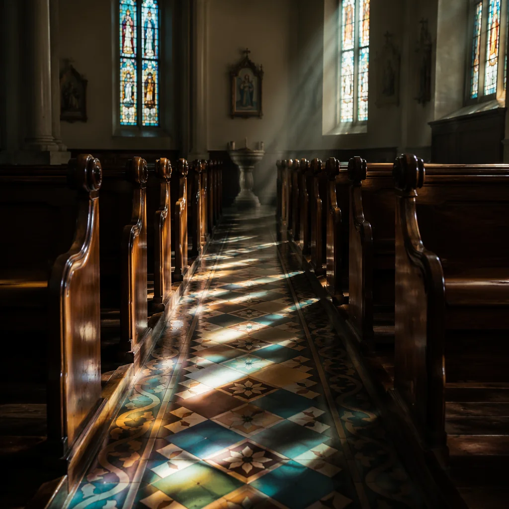 Sunlit Church Pews with Stained Glass