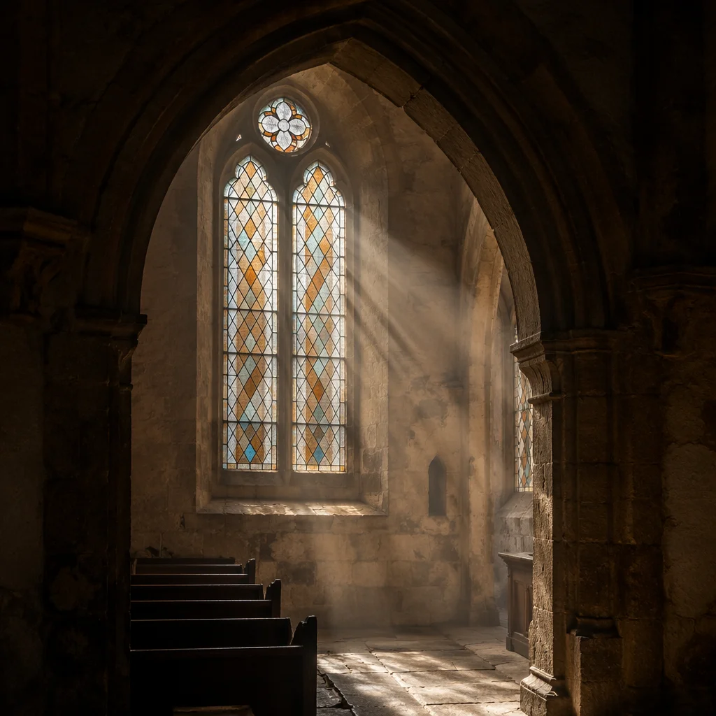 Sunlit Church Pews Beneath Stained Glass