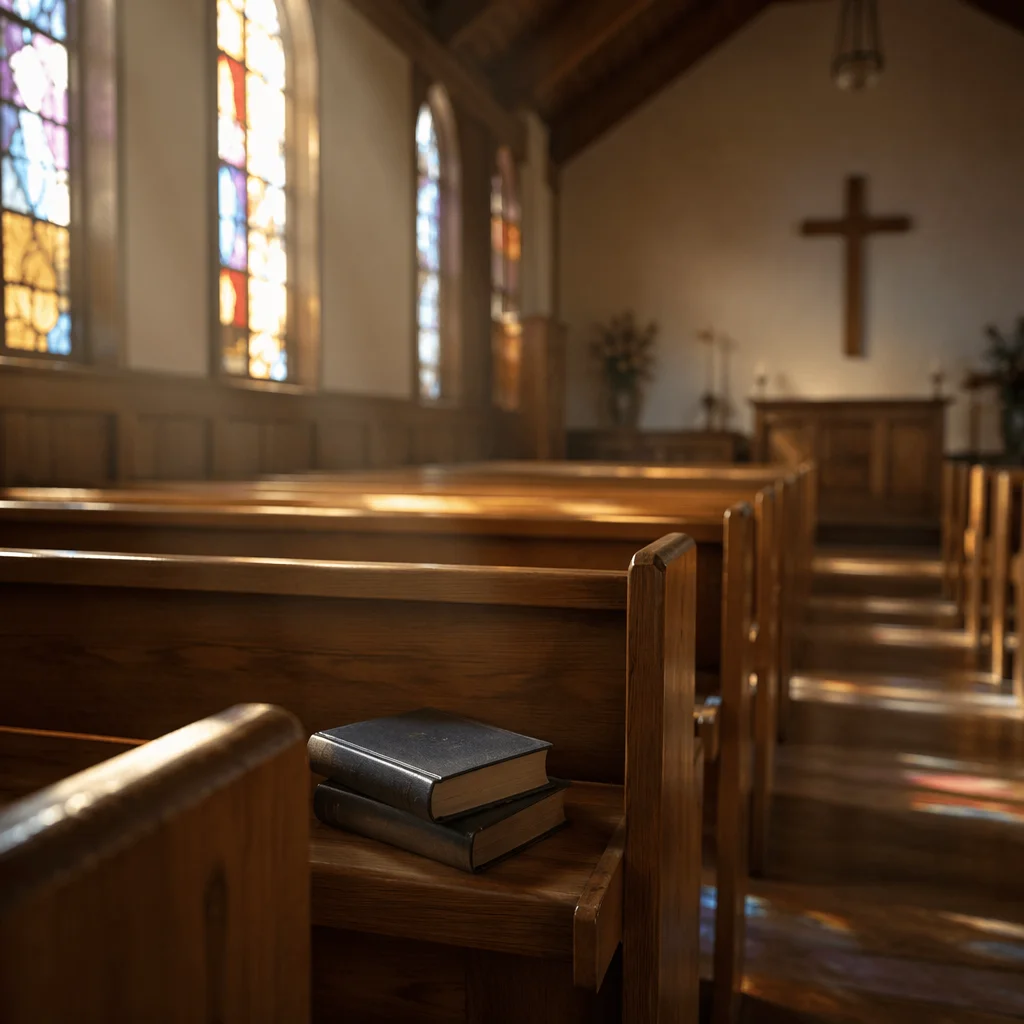 Sunlit Chapel Pews with Stained Glass
