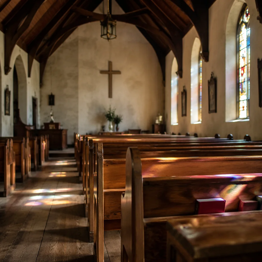 Sunlit Chapel Pews with Stained Glass