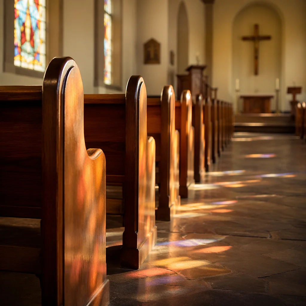 Sunlit Church Pews with Stained Glass