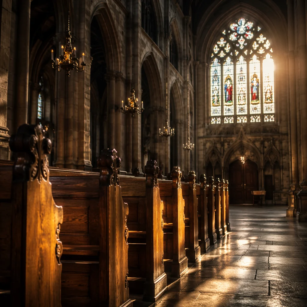 Sunlit Gothic Church Pews and Stained Glass