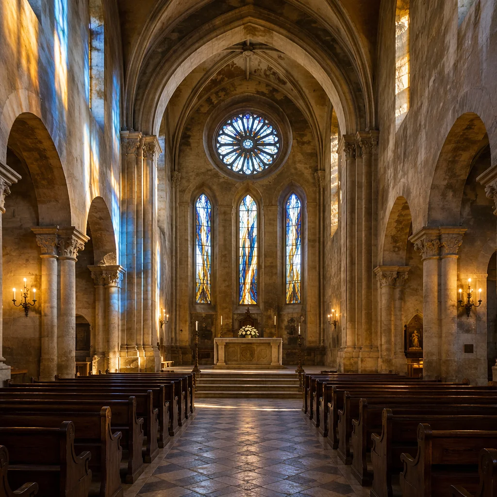 Sunlit Church Pews Beneath Stained Glass