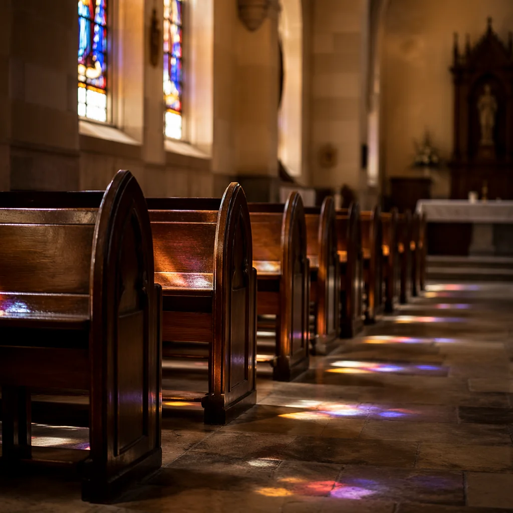 Sunlit Church Pews Beneath Stained Glass