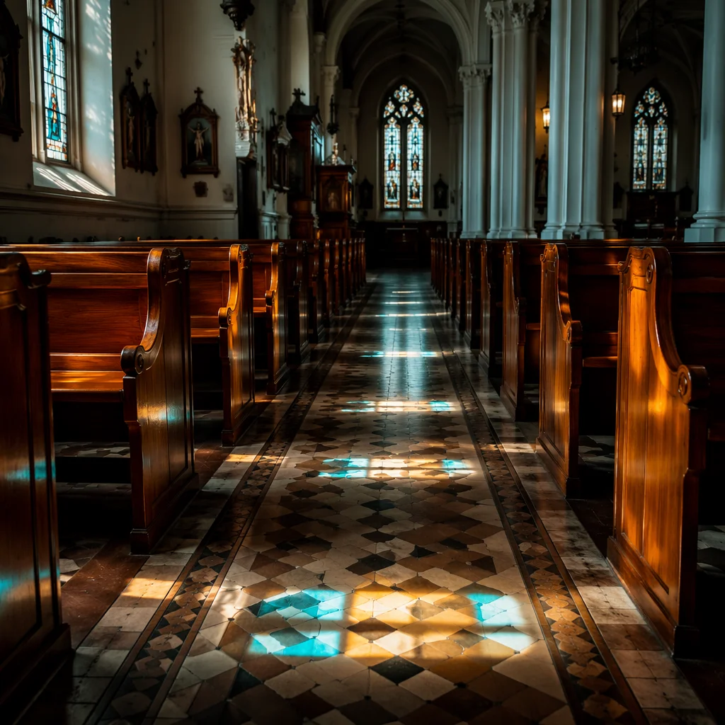 Sunlit Church Pews and Stained Glass