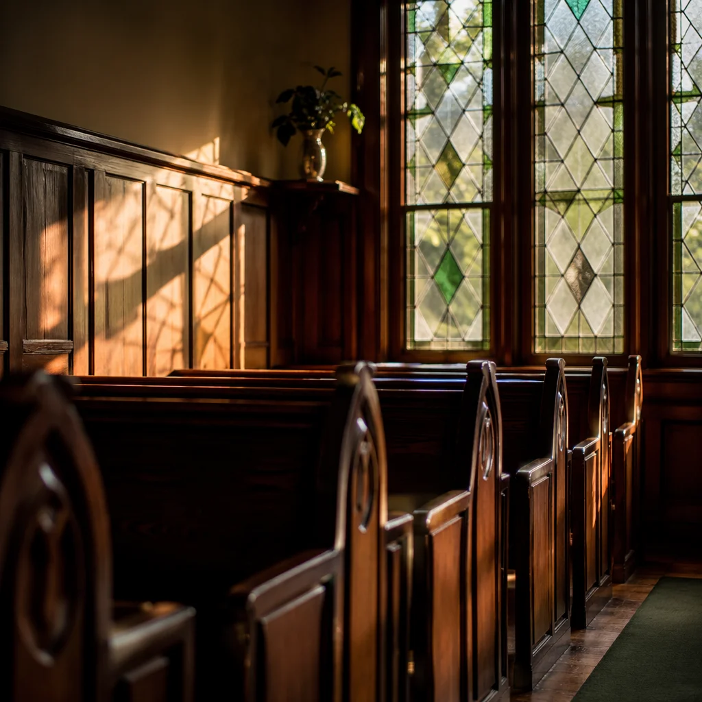 Sunlit Chapel Pews with Stained Glass