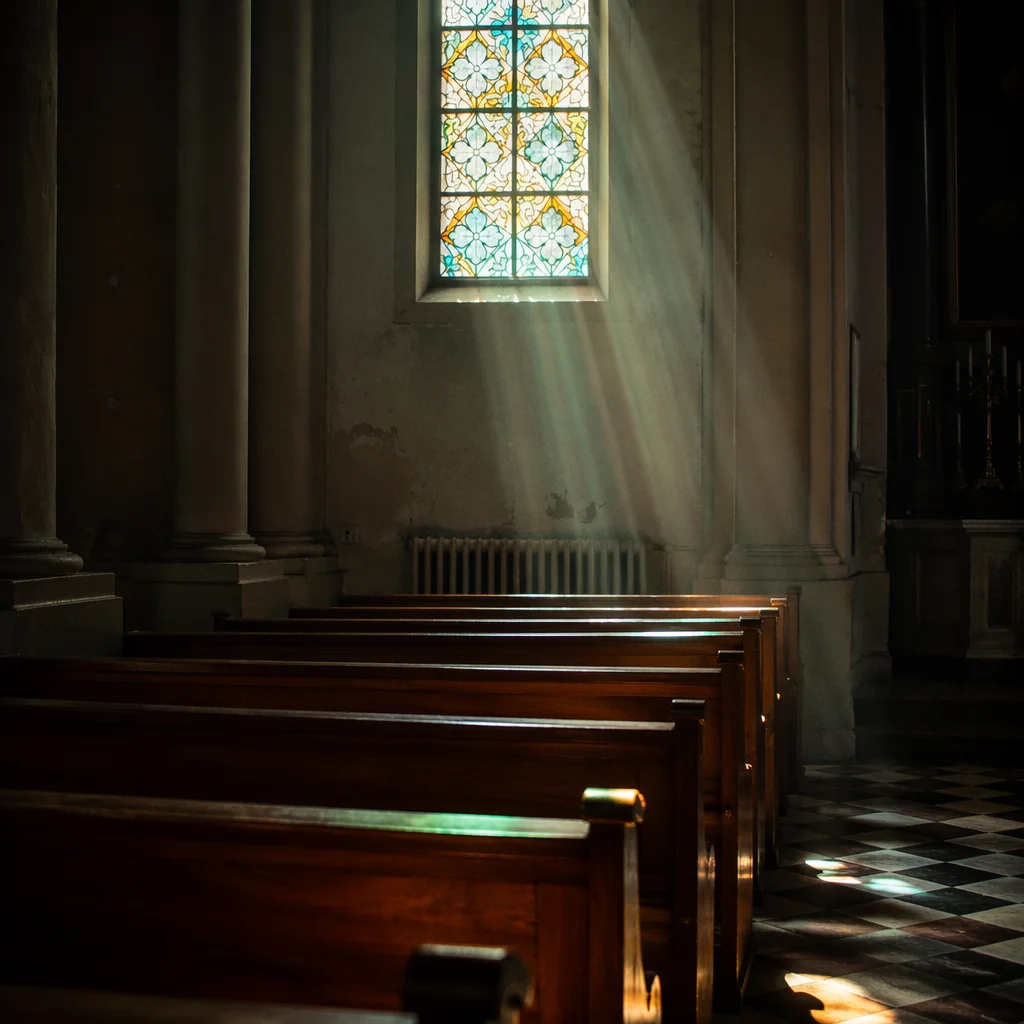 Sunlit Church Pews with Stained Glass