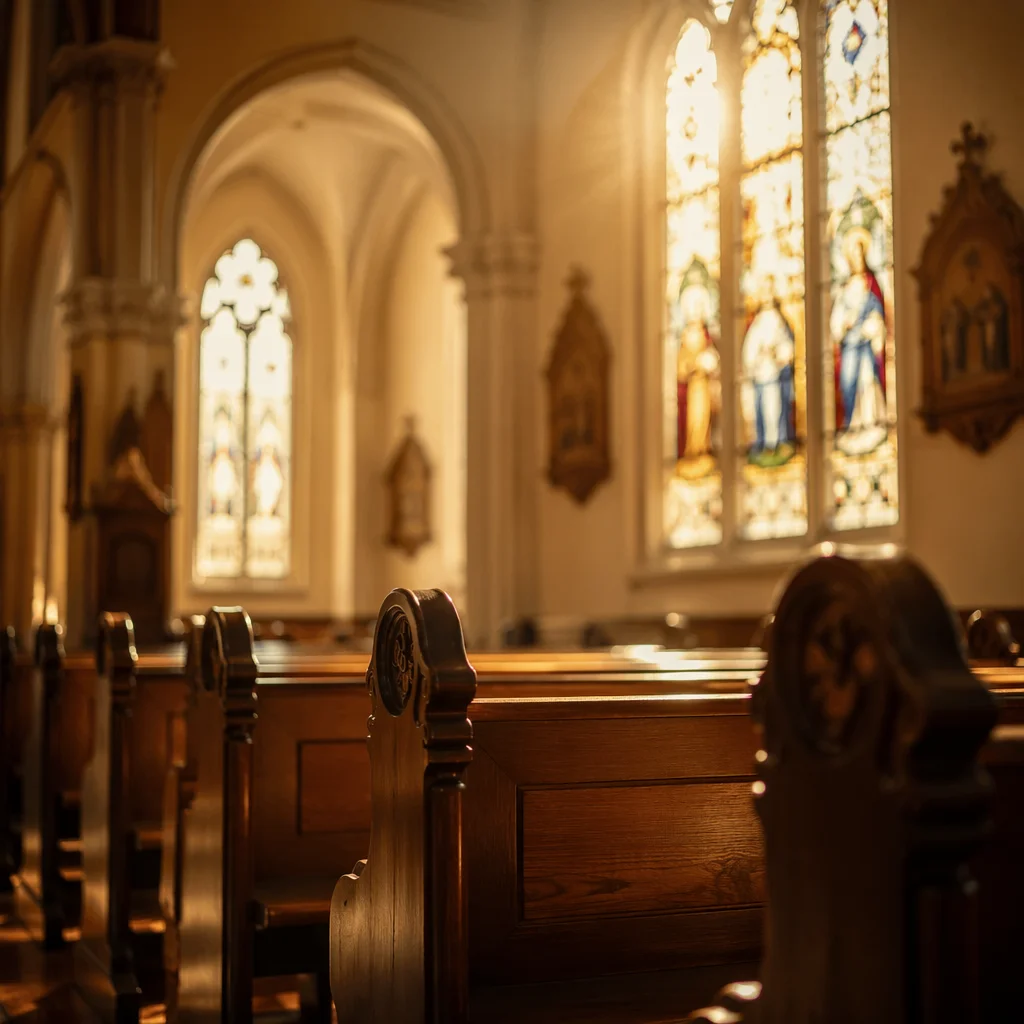 Sunlit Church Pews with Stained Glass