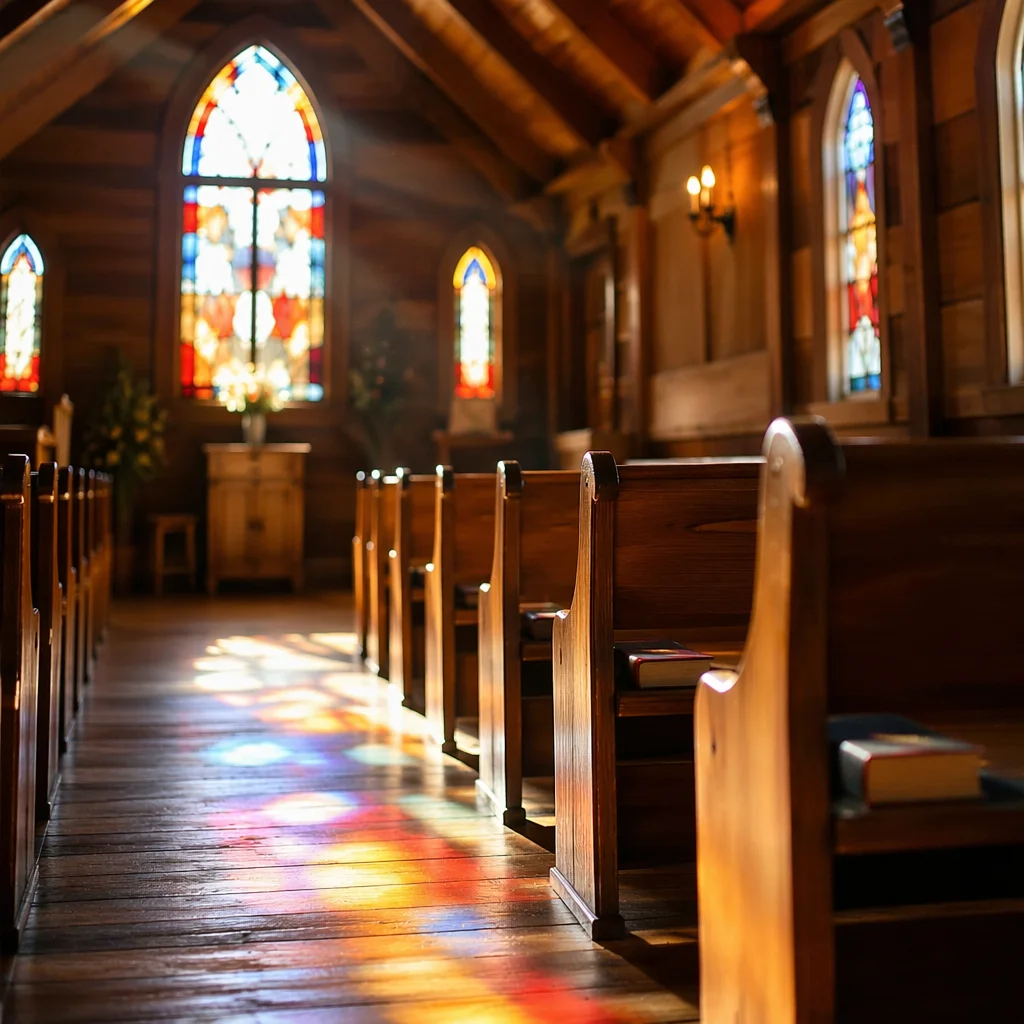 Sunlit Chapel Pews with Stained Glass
