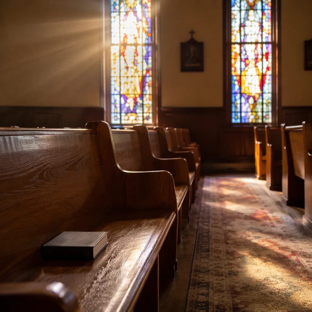 Sunlit Church Pews with Stained Glass