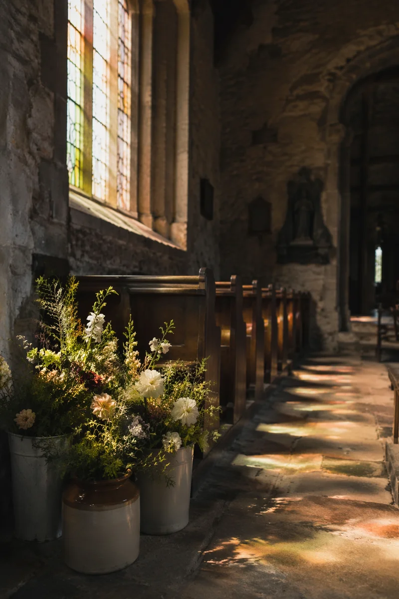 Sunlit Church Pews with Stained Glass