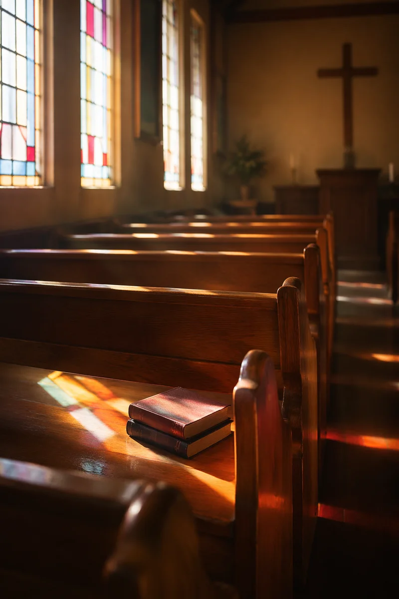 Sunlit Chapel Pews with Stained Glass