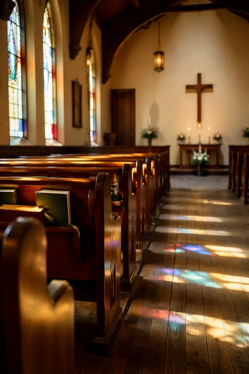 Sunlit Church Pews with Stained Glass