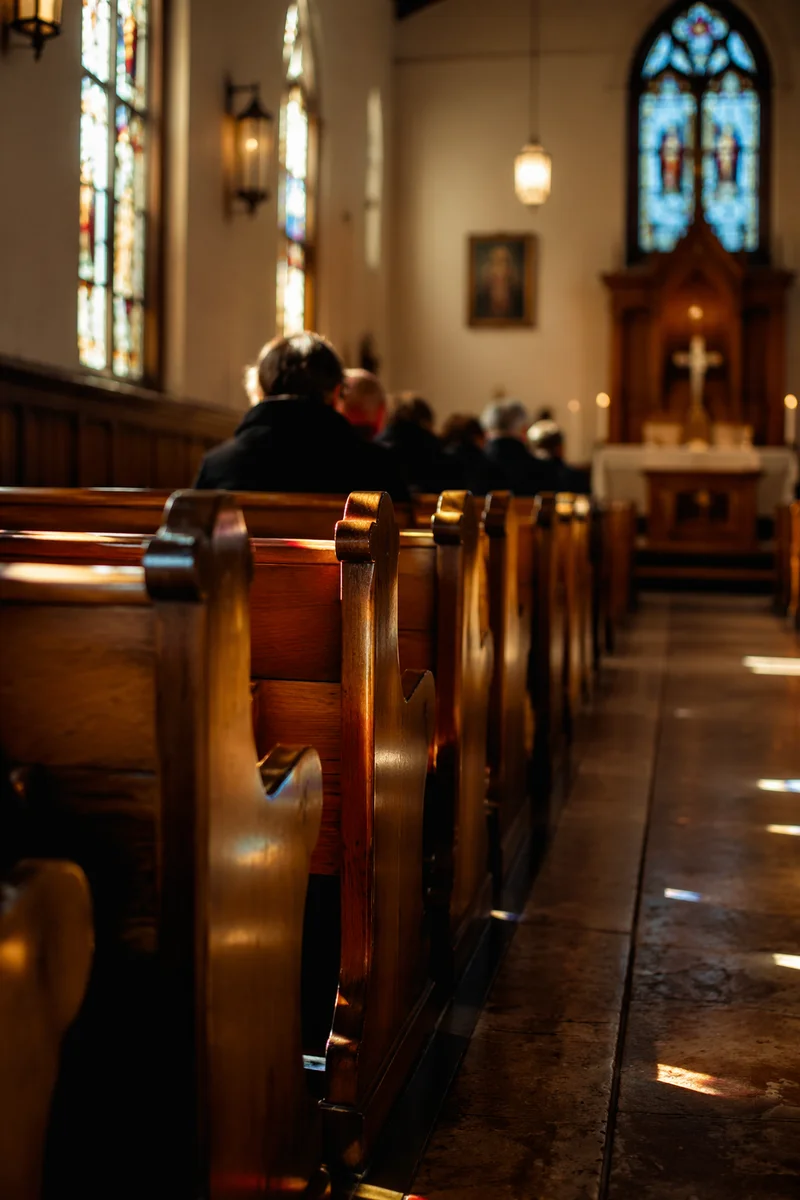 Sunlit Chapel Pews with Stained Glass
