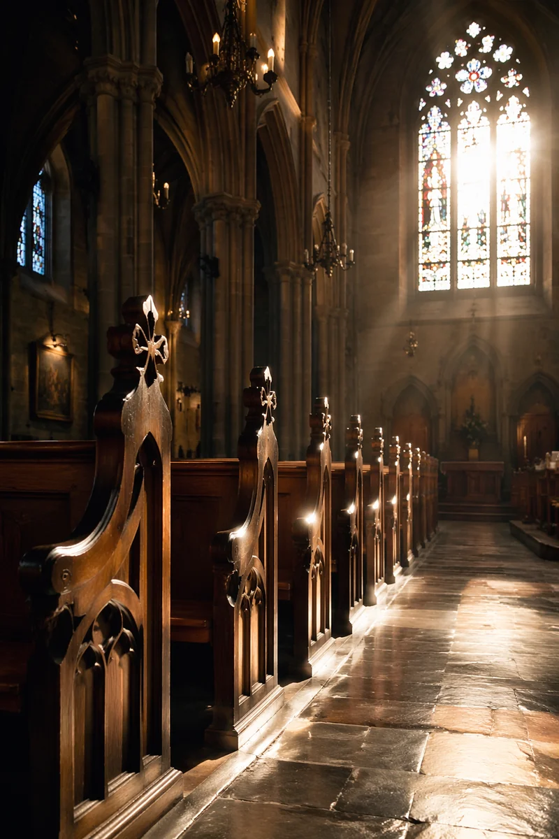 Sunlit Gothic Church Pews and Stained Glass