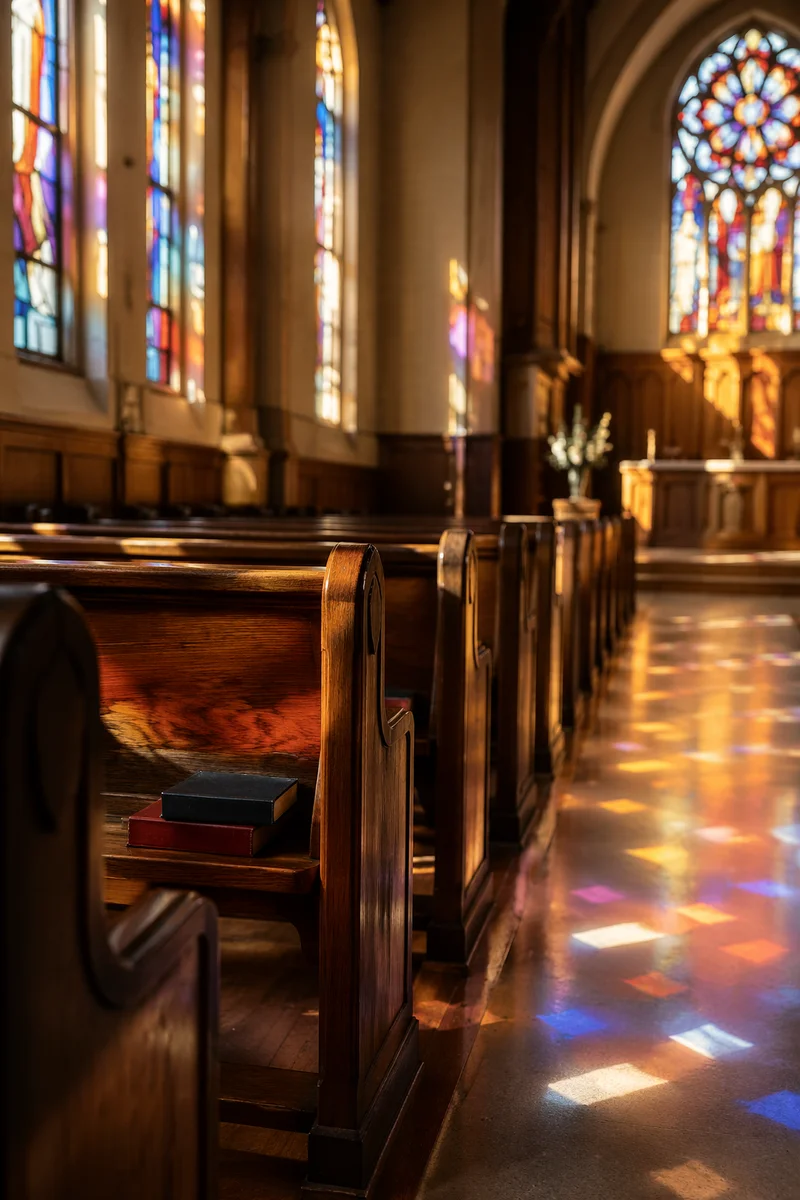 Sunlit Church Pews with Stained Glass