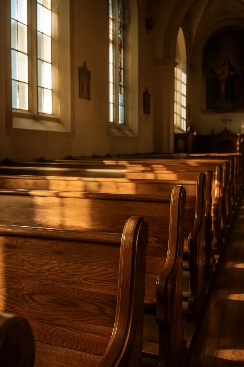 Sunlit Church Pews and Stained Glass