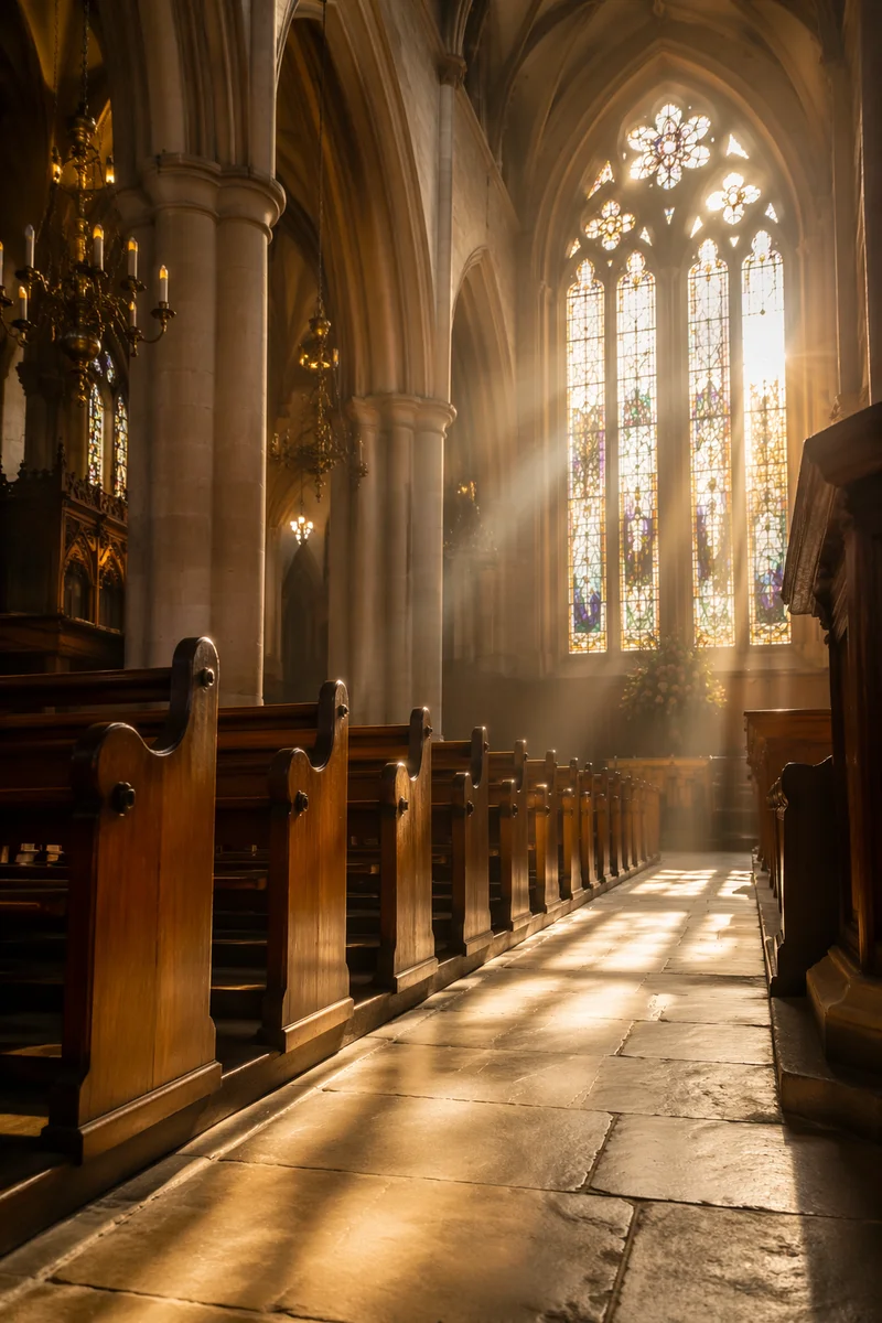 Sunlit Historic Church Pews and Stained Glass