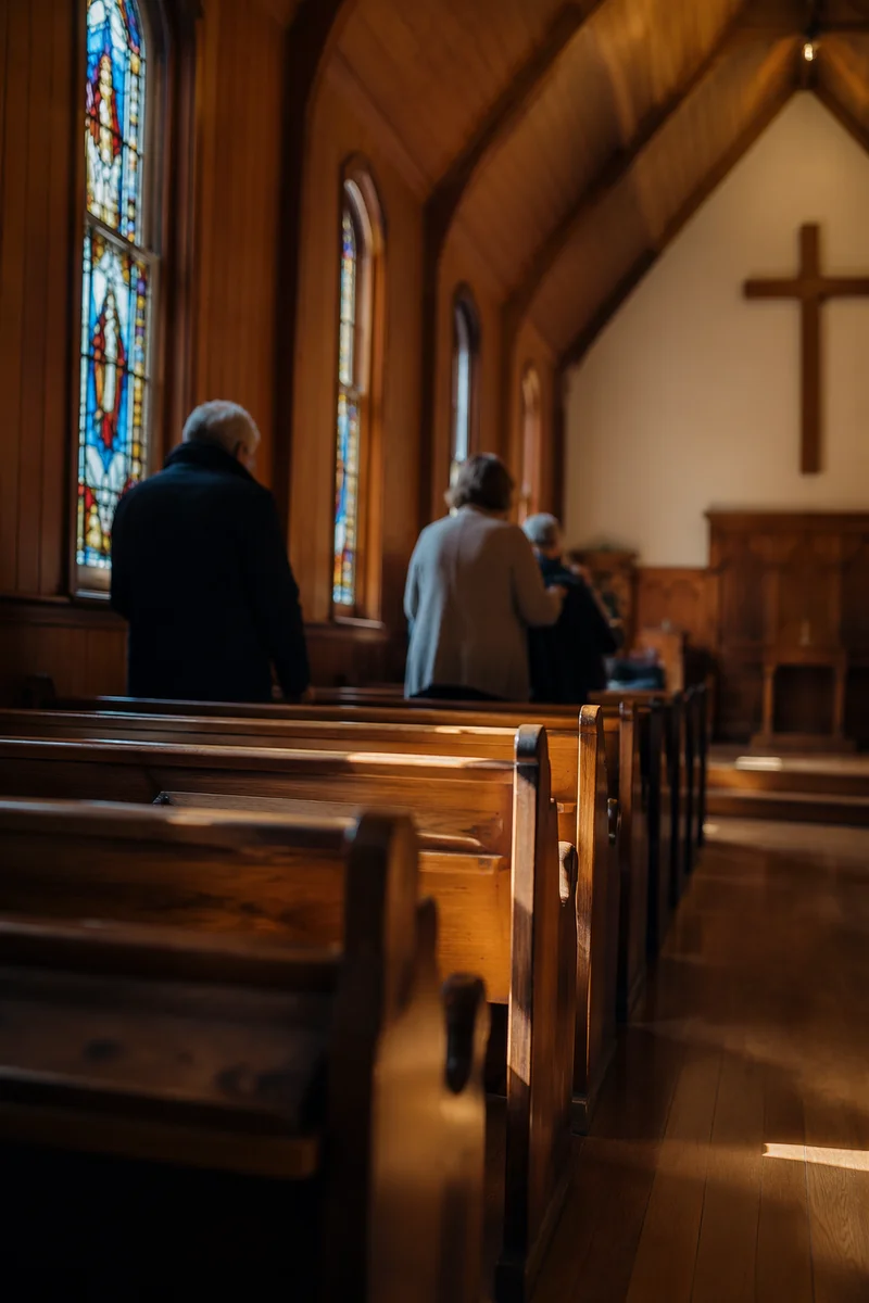 Sunlit Chapel Pews After Morning Service