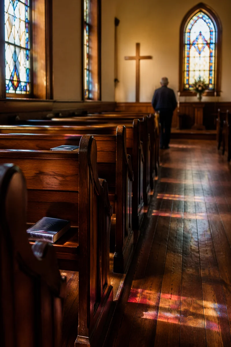 Sunlit Chapel Pews with Stained Glass Reflections
