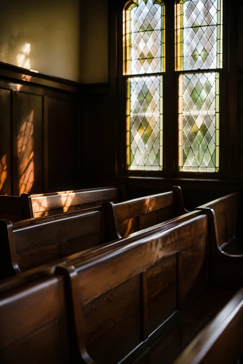 Sunlit Wooden Chapel Pews and Stained Glass