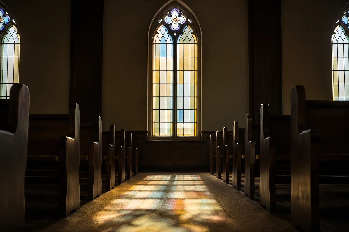 Sunlit Chapel Pews with Stained Glass