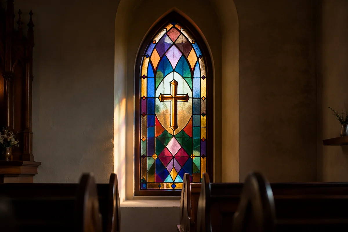 Sunlit Stained Glass Chapel Pews