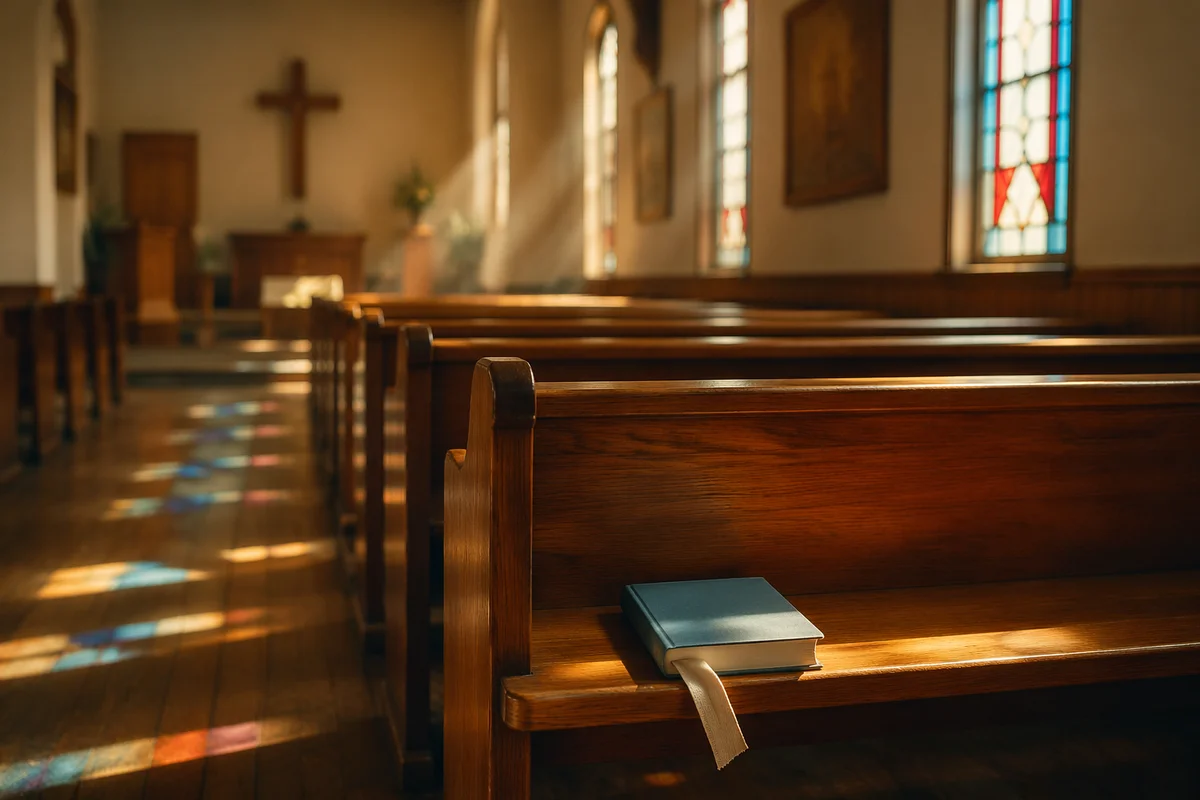 Sunlit Chapel Pews with Stained Glass