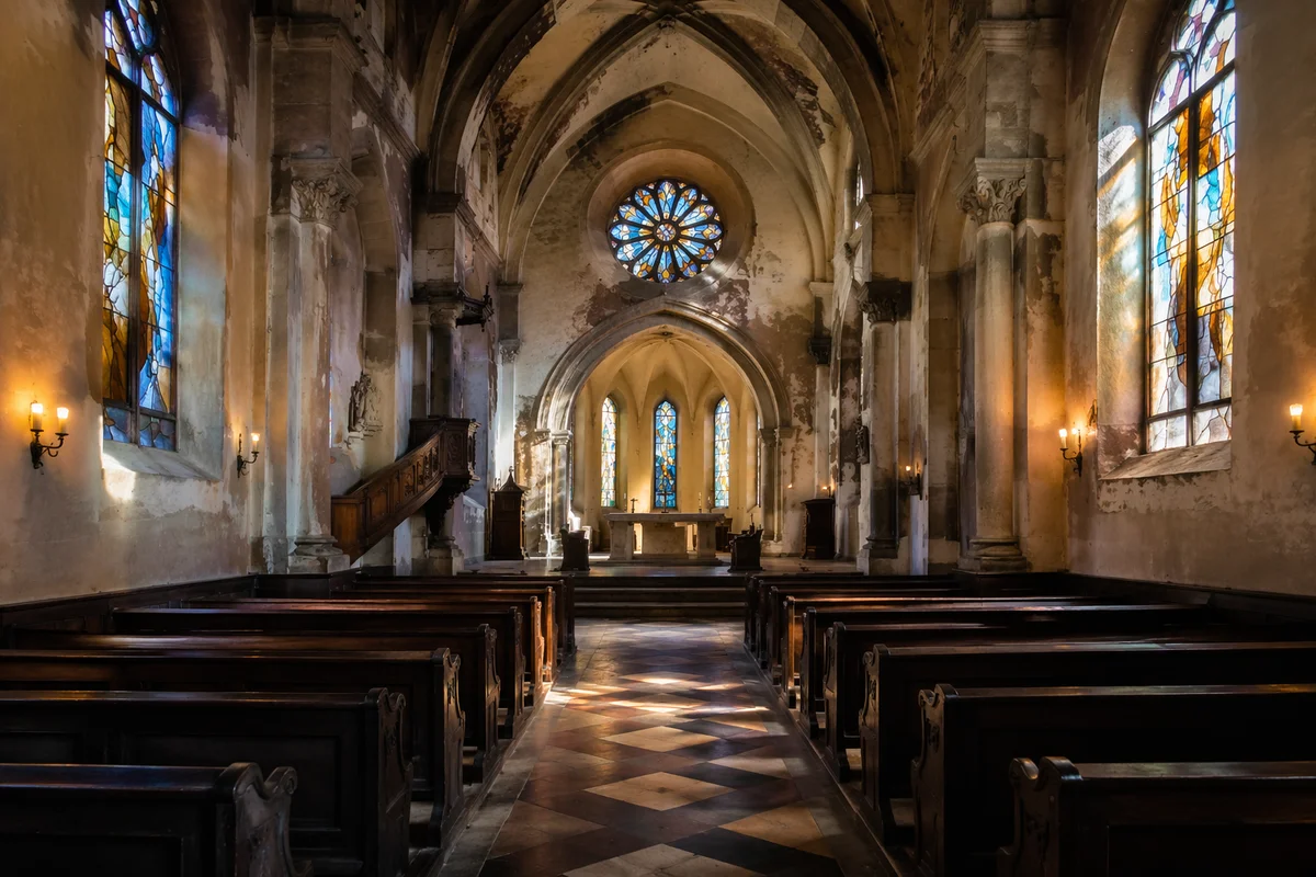 Sunlit Church Pews Beneath Stained Glass