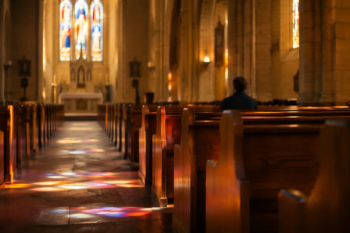 Sunlit Church Pews with Stained Glass