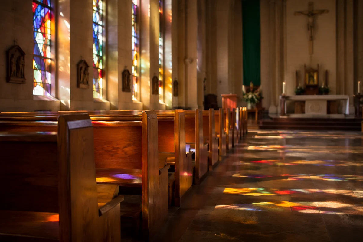 Sunlit Church Pews with Stained Glass