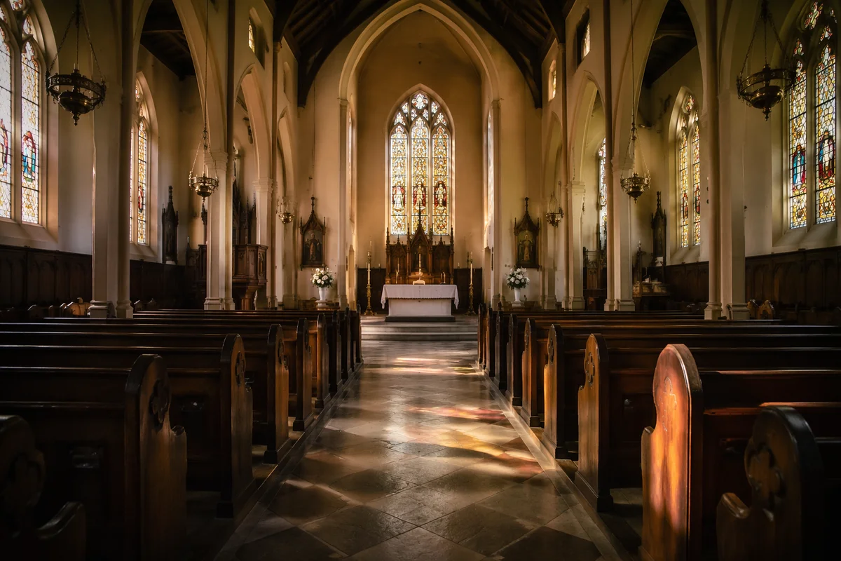 Sunlit Historic Church Pews and Stained Glass