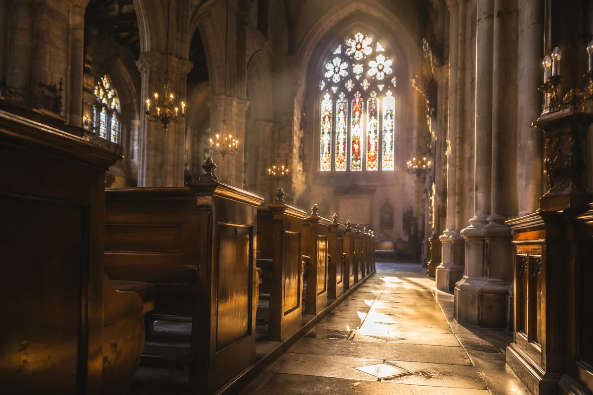 Sunlit Historic Church Pews and Stained Glass