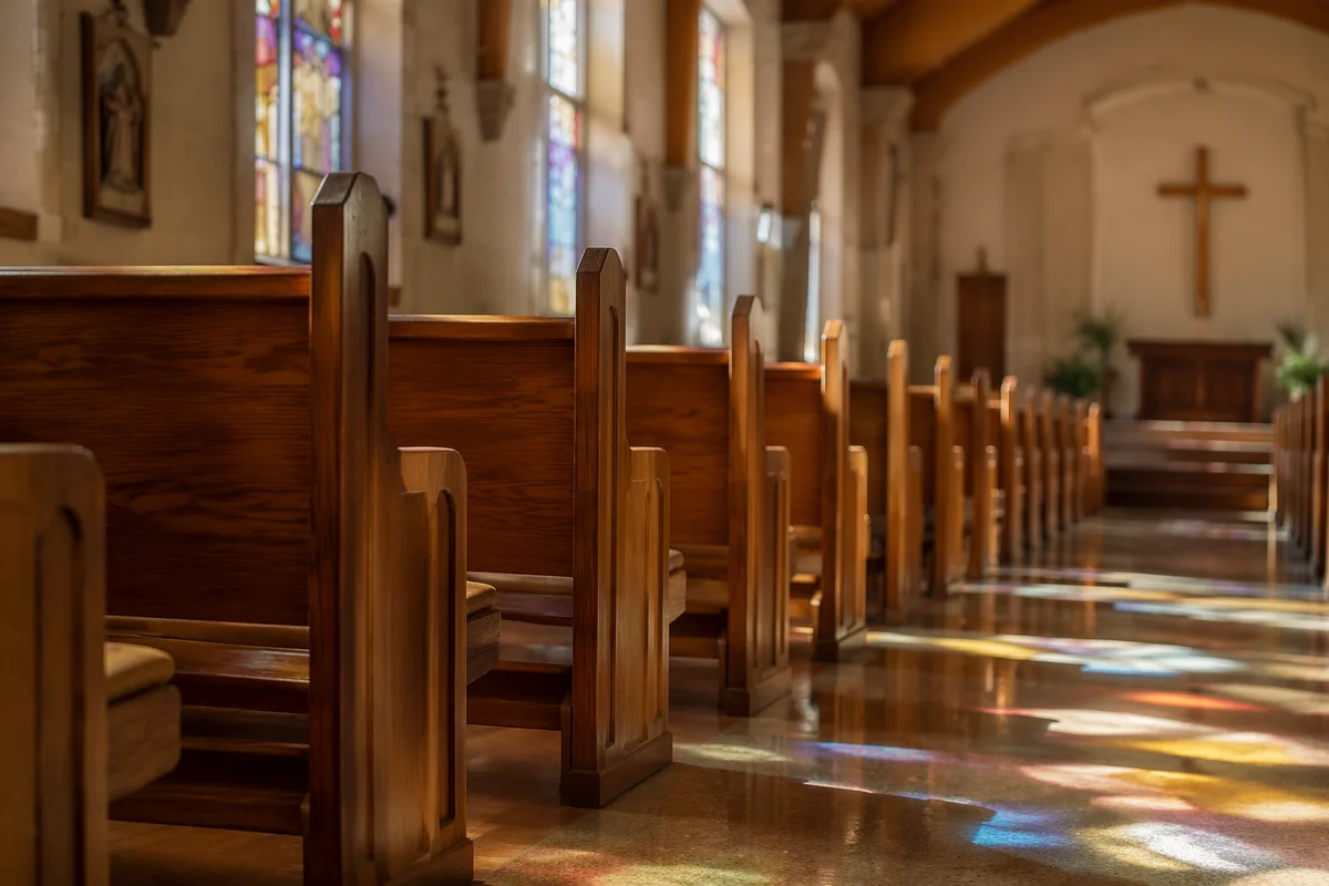 Sunlit Church Pews With Stained Glass