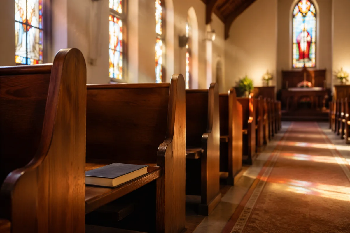 Sunlit Wooden Pews Before Sunday Service