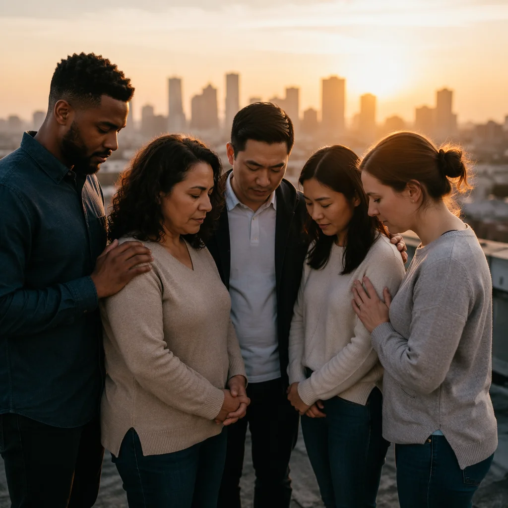Diverse Group Praying on City Rooftop