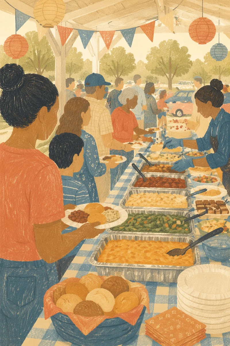 Church Potluck Fellowship Under Sunny Pavilion