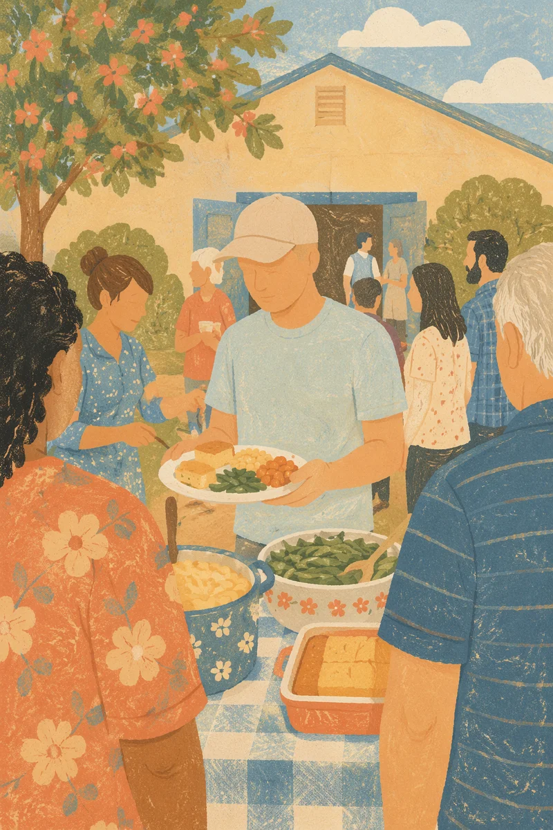 Church Potluck Fellowship in Morning Sunlight