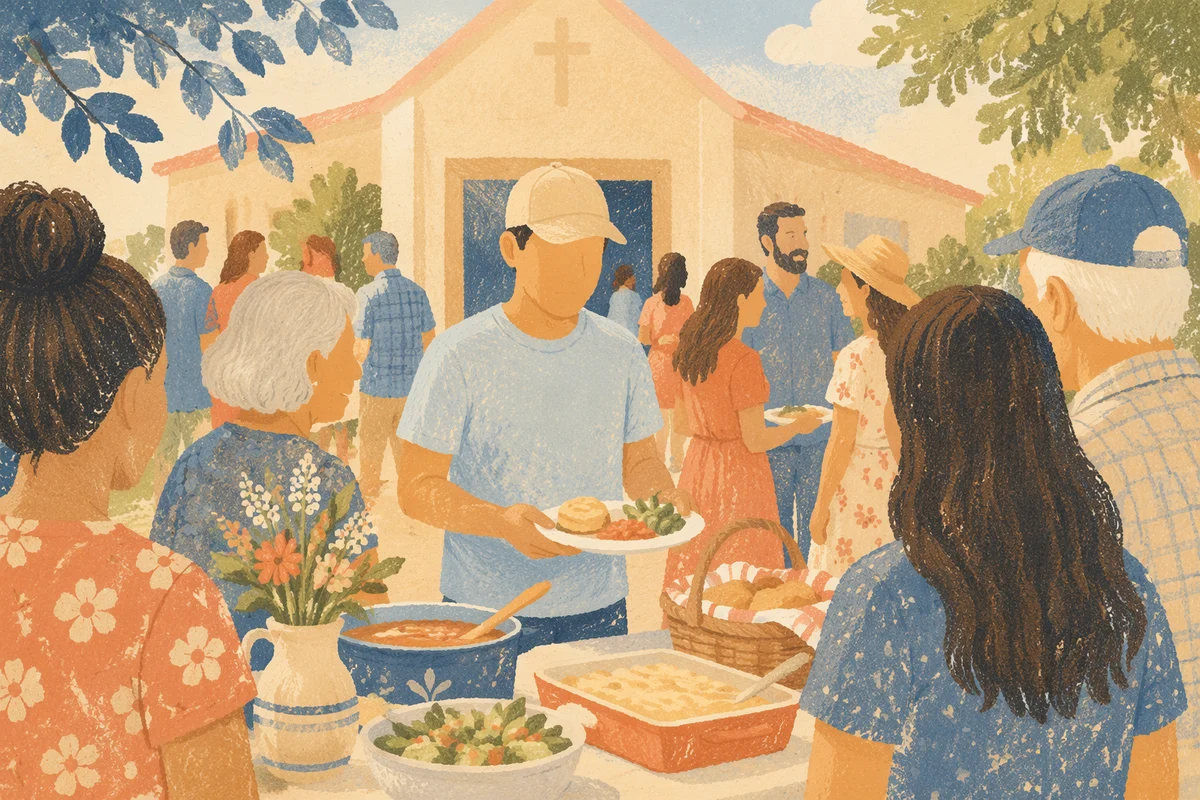 Church Potluck Fellowship in Morning Sunlight