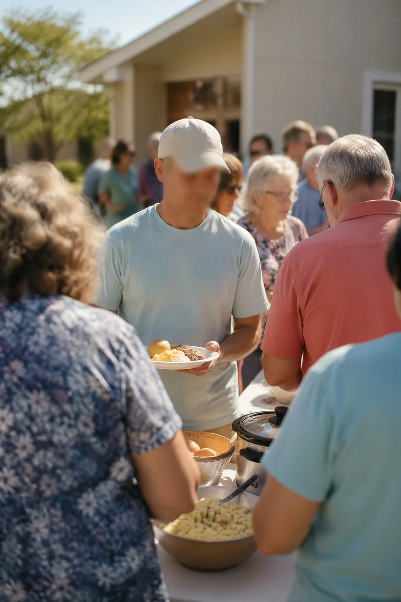 Church Potluck Fellowship in Morning Sunlight