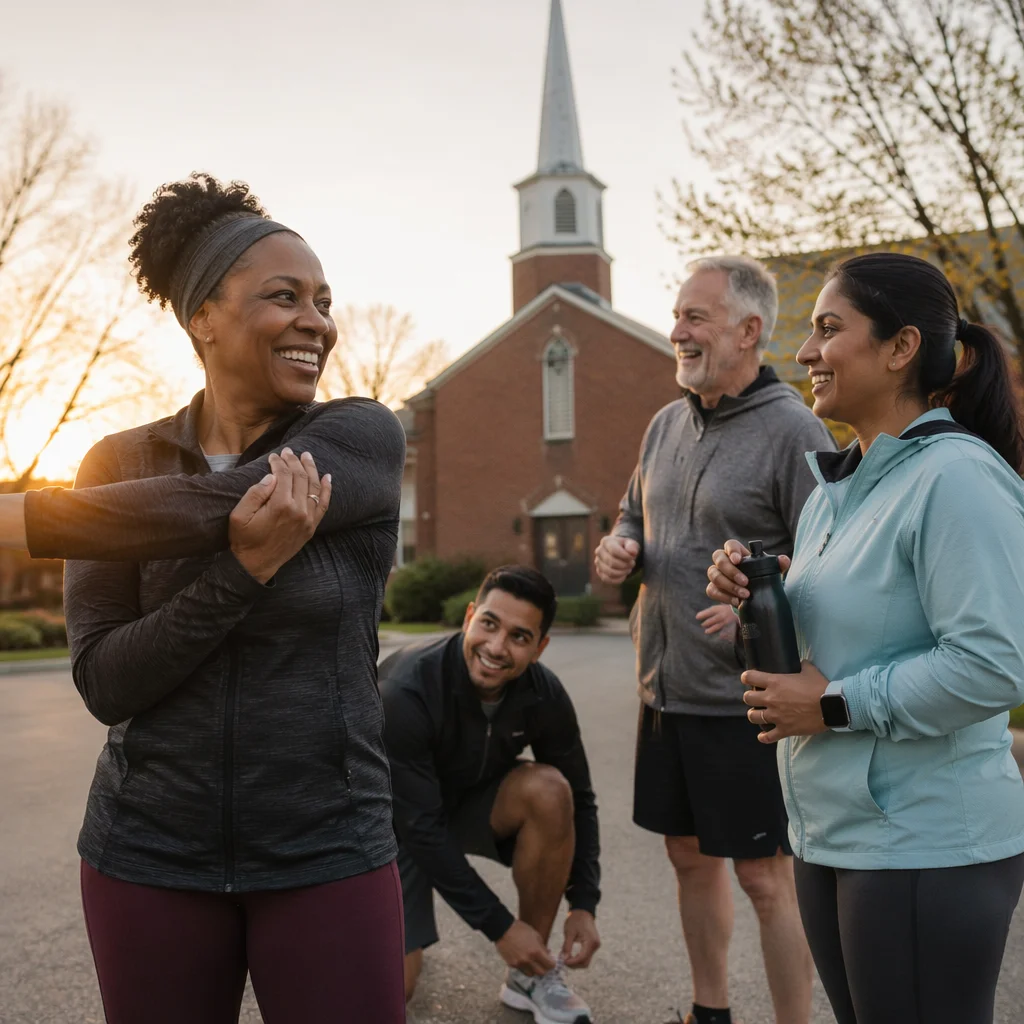 Morning Jog Group Outside Brick Church