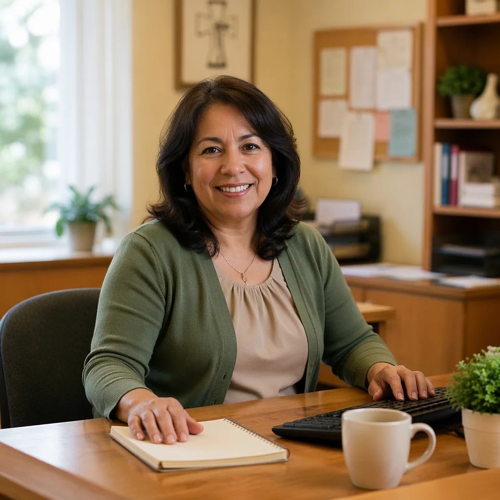 Friendly Secretary at Church Office Desk