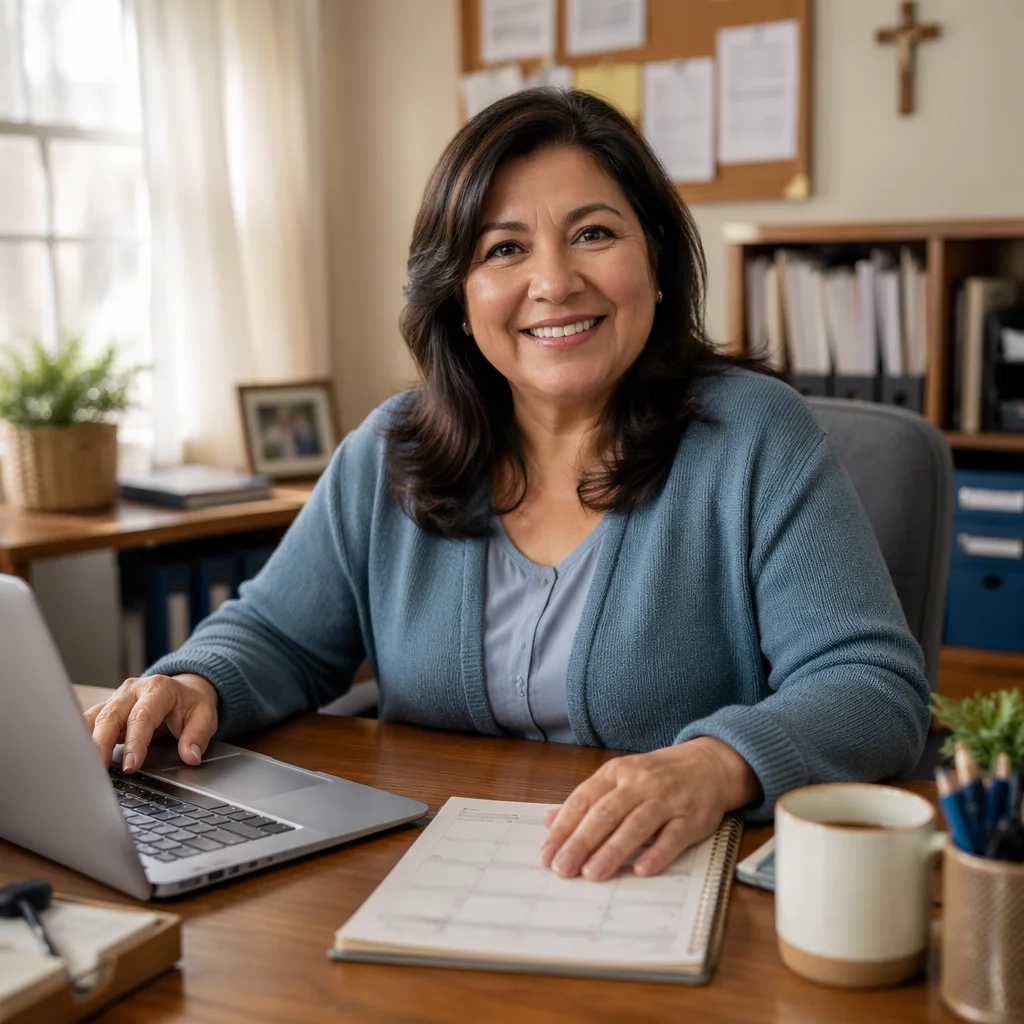 Friendly Church Secretary at Office Desk