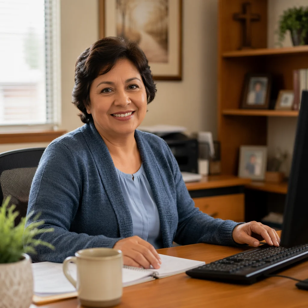 Friendly Secretary at Church Office Desk