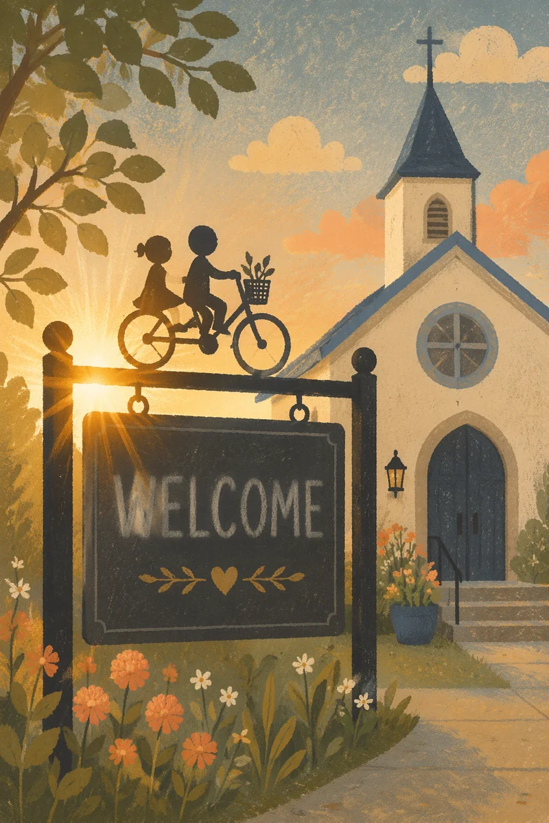 Welcoming Church Sign at Sunset