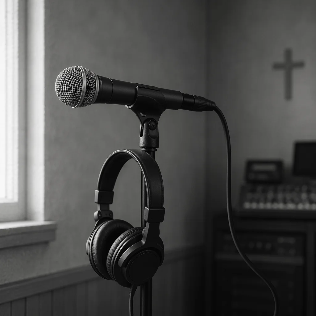 Church Sound Booth Microphone and Headphones