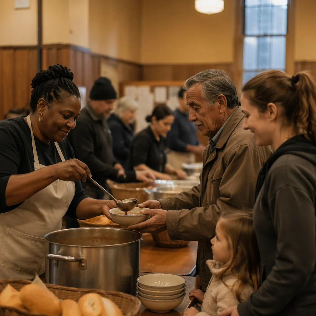 Volunteers Serving Soup in Church Hall