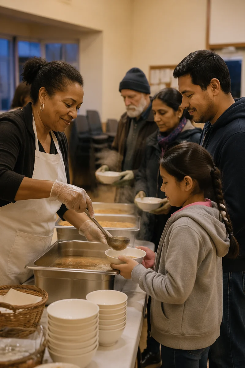 Volunteers Serving Warm Meal in Church Hall